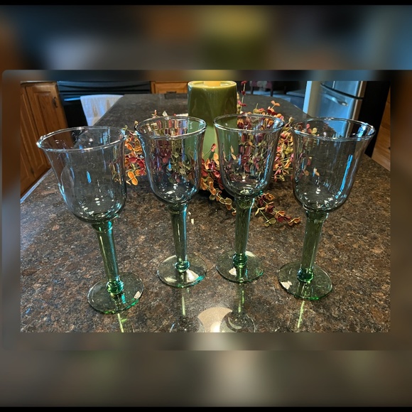 Vintage Blue & Green Tinted Mexican Hand Blown Wine Glass Set of Four-Unique!